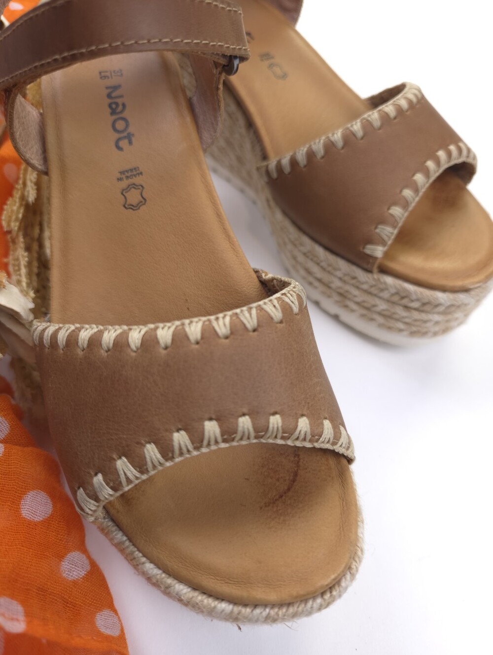 Naot Women’s Tan Espadrille Wedge Sandals - Leather Ankle Strap Sz 37 - Picture 3 of 12